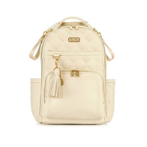 Cream quilted backpack with gold accents.