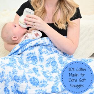 Mom feeding baby under blue floral muslin blanket.