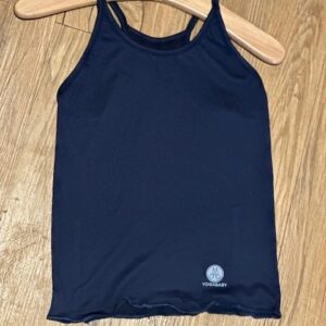 Black tank top on wooden hanger.