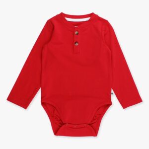 Red long-sleeve baby bodysuit with buttons.