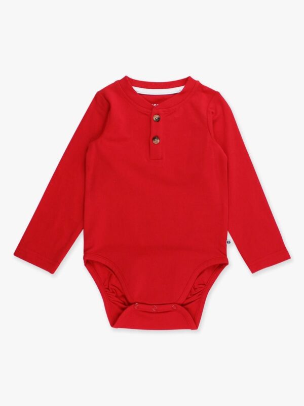 Red long-sleeve baby bodysuit with buttons.