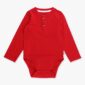 Red long-sleeve baby bodysuit with buttons.