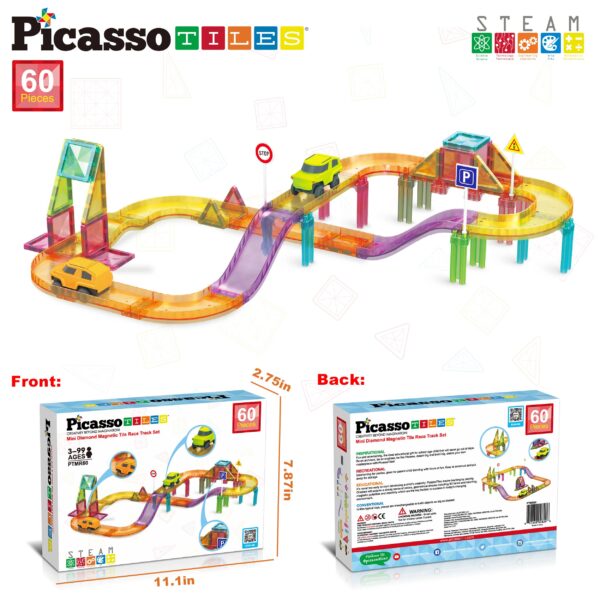 picassotiles 60pc magnet tile race track set led car travel size Colorful magnetic tile race track toy set