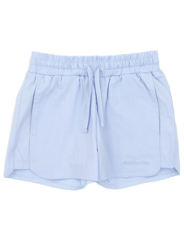 Light blue drawstring shorts with pockets.