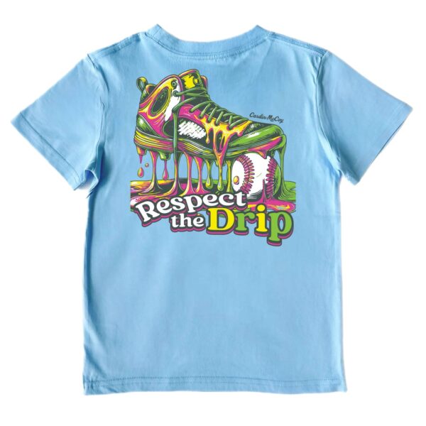 Blue shirt with colorful sneaker and baseball graphic.