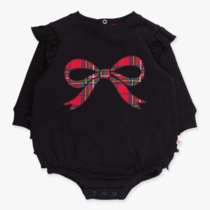 Black baby onesie with plaid bow design.
