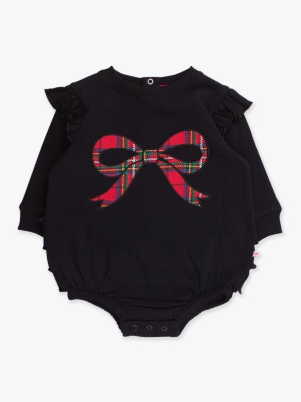 Black baby onesie with plaid bow design.