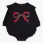 Black baby onesie with plaid bow design.