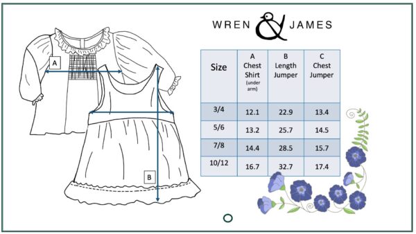 wren & james kids blue floral smocked top & caramel corduroy jumper set Children's clothing size chart with floral illustration.