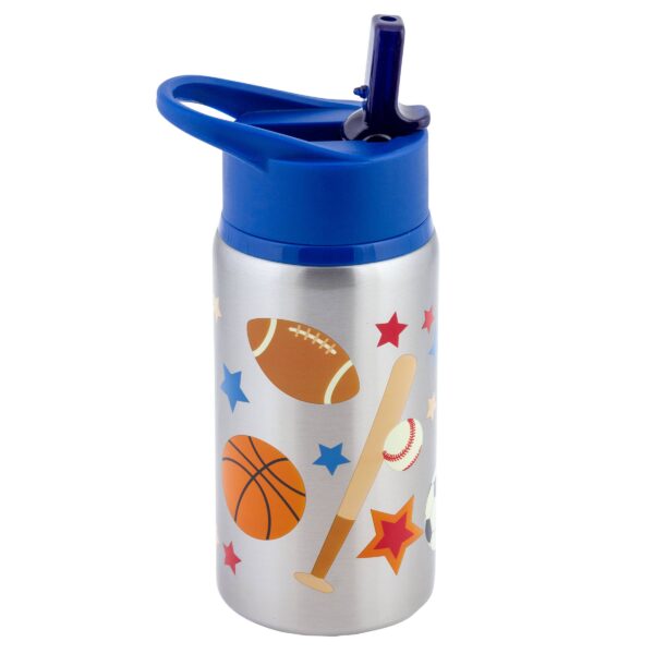 stephen joseph gifts stainless steel water bottles Sports-themed water bottle with straw and handle.