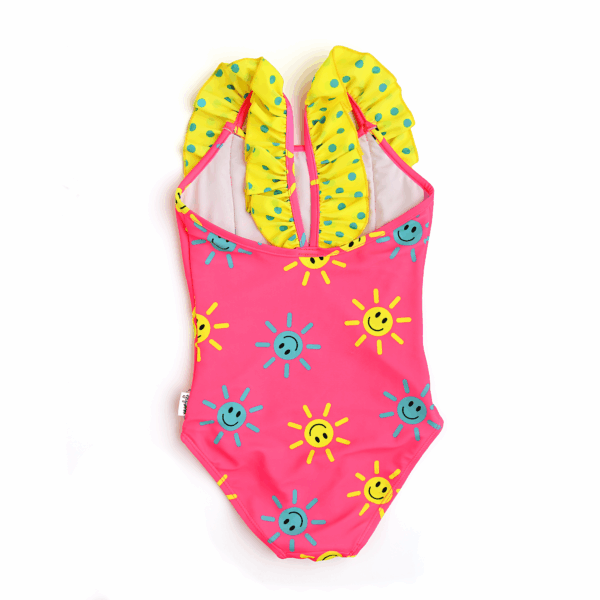 gigi and max brittany smiley face tank one piece swimsuit Pink kids swimsuit with sun pattern and polka dots.