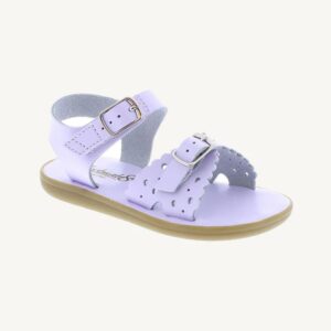 Purple toddler sandal with buckle, side view
