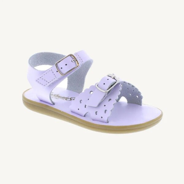Purple toddler sandal with buckle, side view