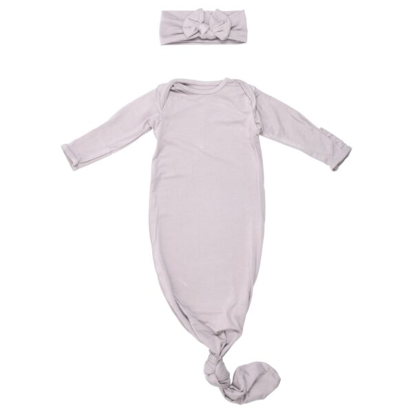 three little tots harbor mist taupe knotted gown Gray baby gown with matching headband.