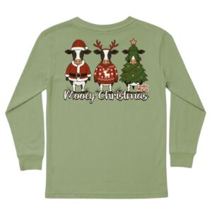 Funny Christmas cows t-shirt with festive designs.