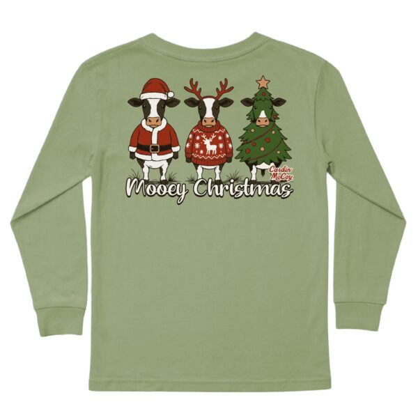 Funny Christmas cows t-shirt with festive designs.