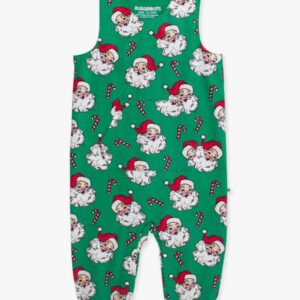 Green Santa-themed baby romper with candy canes.