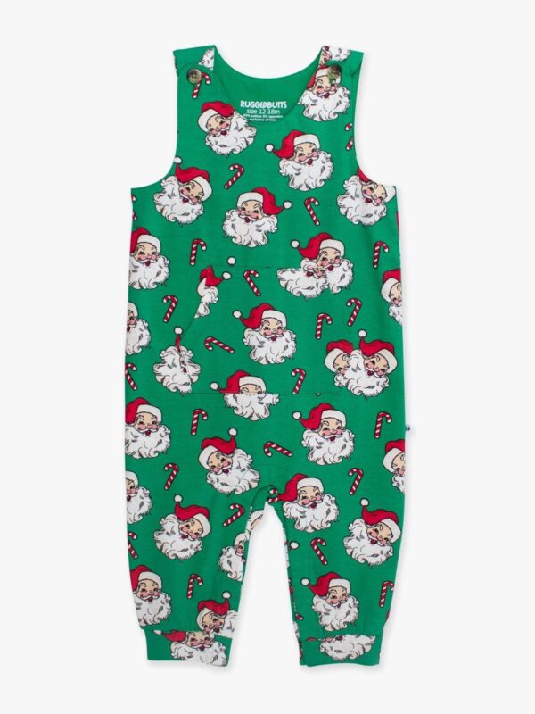 ruggedbutts green santa joy overalls and red henley onesie set Green Santa-themed baby romper with candy canes.