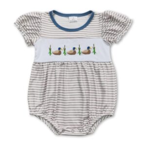 Striped baby romper with embroidered ducks pattern.