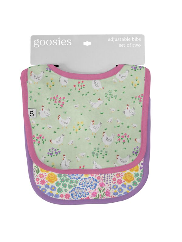 goosies spring chickens bib set Set of two floral and animal baby bibs.