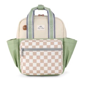 Checkered green backpack with side pockets.