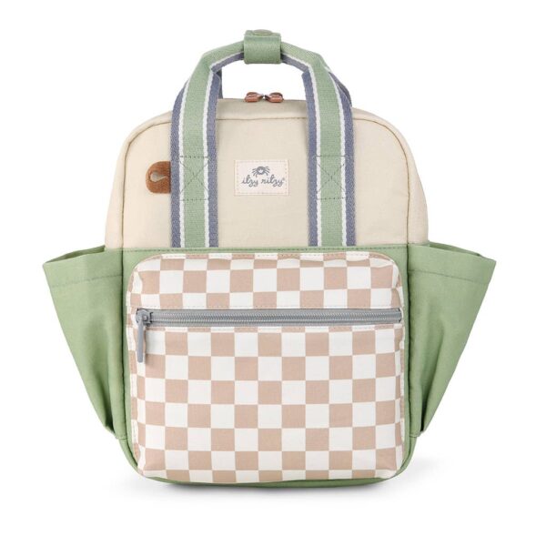 itzy ritzy itzy bitzy backpack (check yes) Checkered green backpack with side pockets.