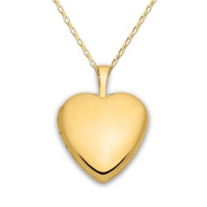 Gold heart-shaped locket pendant necklace on chain.