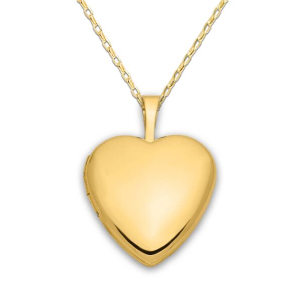 Gold heart-shaped locket pendant necklace on chain.