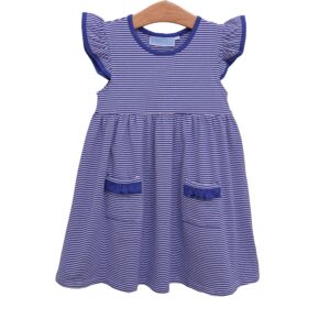 Blue striped child's dress with flutter sleeves.