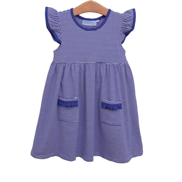 Blue striped child's dress with flutter sleeves.