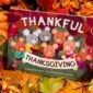 Thankful Thanksgiving book with fall leaves background.