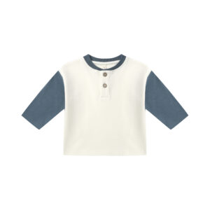 White and blue long-sleeve henley shirt for kids.