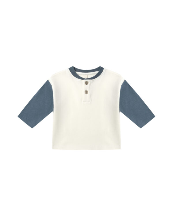 quincy mae long sleeve henley tee ocean White and blue long-sleeve henley shirt for kids.