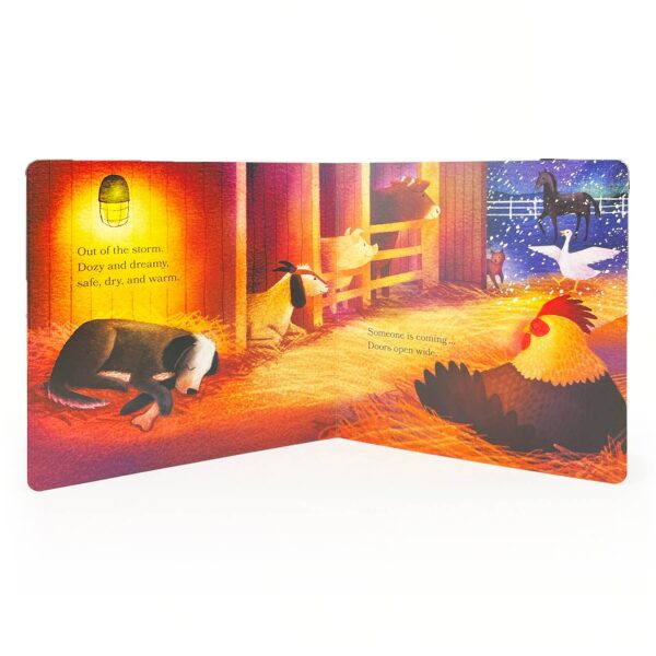 cottage door press barn in winter: safe and warm on the farm board book Animals in warm barn during snowstorm.