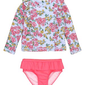 Floral long-sleeve swimsuit with pink bottoms.