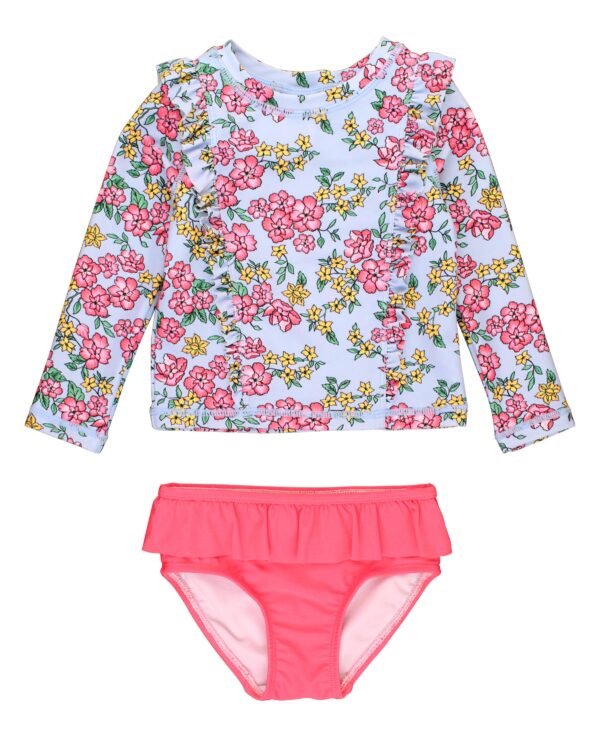 rufflebutts cheerful blossoms princess seam ruffle rash guard 2 piece Floral long-sleeve swimsuit with pink bottoms.