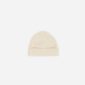 Beige knitted beanie hat on white background.