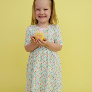 RuffleButts - Knit Short Sleeve Twirl Dress - Hoppy Eggs