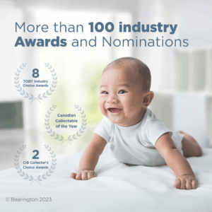 Baby smiling with industry awards, nominations background.