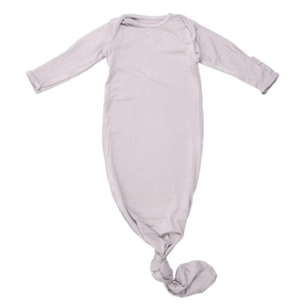 three little tots harbor mist taupe knotted gown Knotted gray baby sleeper with long sleeves.