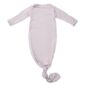 Knotted gray baby sleeper with long sleeves.