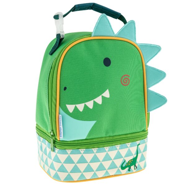stephen joseph gifts lunch pals Green dinosaur-themed kids lunchbox with blue scales.