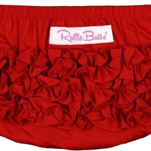 Red ruffle diaper cover with brand label.