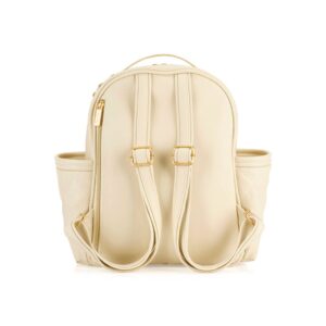 Cream backpack with gold accents, rear view