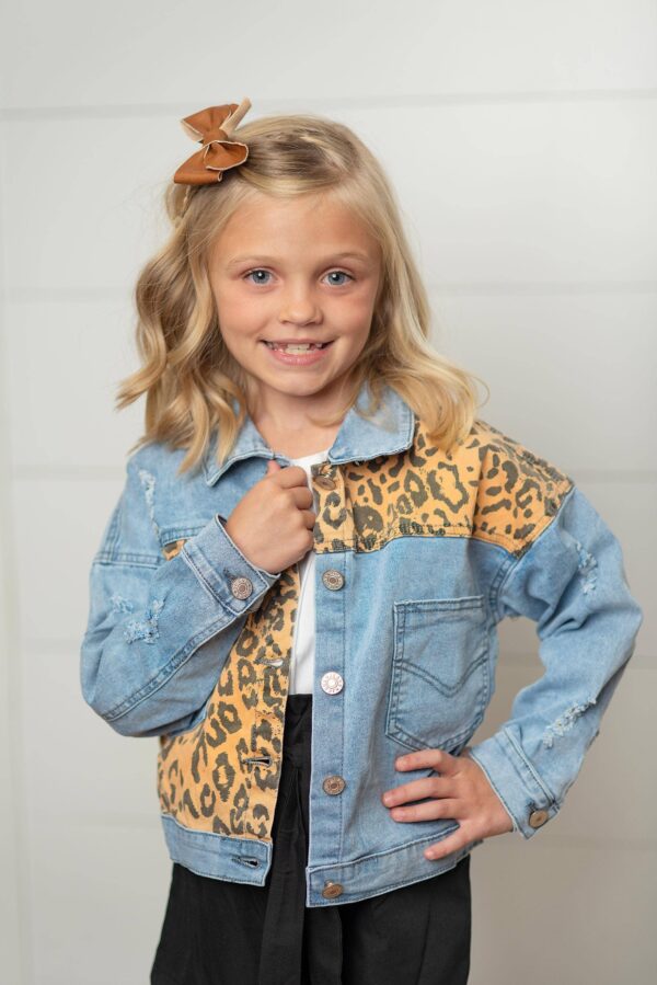 oopsie daisy kids leopard patch & light wash denim button pocket jacket Smiling girl in leopard print denim jacket.