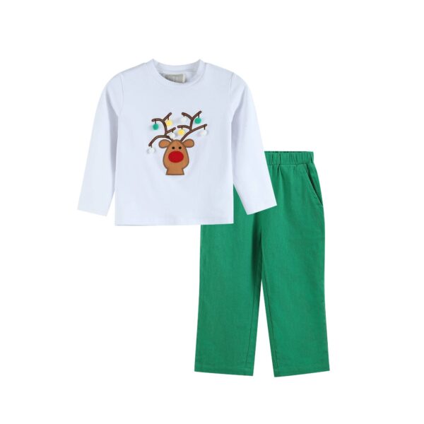 lil cactus white pompom reindeer and green pants set Kids' holiday outfit, reindeer top and green pants.