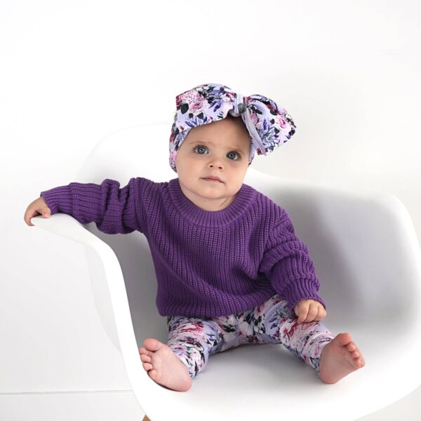 gigi and max emerson legging and sweater set Baby in purple sweater and floral headband