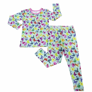Colorful butterfly print pajama set for kids.