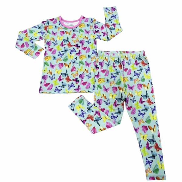 Colorful butterfly print pajama set for kids.