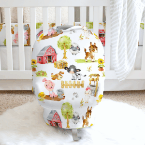 Nursery crib with cute farm animal designs.